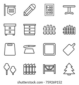Thin line icon set : shop signboard, pencil, abacus, table, nightstand, chest of drawers, fence, cutting board, trees, farm, spruce