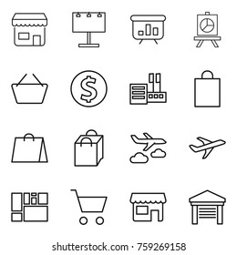 Thin line icon set : shop, billboard, presentation, basket, dollar coin, store, shopping bag, journey, plane, consolidated cargo, cart, garage