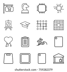 Thin line icon set : shop signboard, chess horse, chip, presentation, graduate hat, cpu, cardio, clipboard, surfer, cutting board, utility room