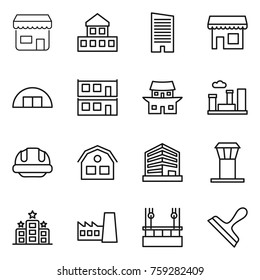 Thin line icon set : shop, cottage, skyscraper, hangare, modular house, japanese, city, building helmet, office, airport tower, hotel, factory, skysrcapers cleaning, scraper