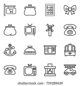 Thin line icon set : shop signboard, purse, abacus, bow, tv, windmill, phone, anchor, service bell, wardrobe, dresser, fireplace, car wash
