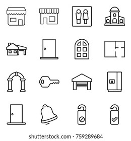 Thin line icon set : shop, wc, mansion, house with garage, door, arch window, plan, key, fridge, bell, do not distrub, please clean