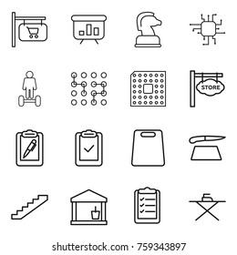 Thin line icon set : shop signboard, presentation, chess horse, chip, hoverboard, cpu, store, clipboard pen, check, cutting board, stairs, utility room, list, iron