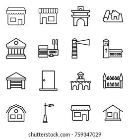 Thin line icon set : shop, arch, project, library, mall, lighthouse, church, garage, door, fort, gothic architecture, house, outdoor light, home