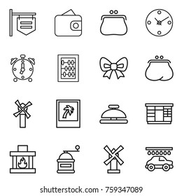 Thin line icon set : shop signboard, wallet, purse, clock, alarm, abacus, bow, windmill, photo, service bell, wardrobe, fireplace, hand mill, car wash