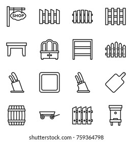 Thin line icon set : shop signboard, fence, pallet, table, dresser, rack, stands for knives, cutting board, knife holder, barrel, trailer, hive