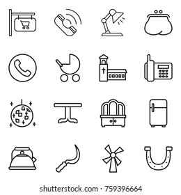 Thin line icon set : shop signboard, call, table lamp, purse, phone, baby stroller, church, disco ball, dresser, fridge, kettle, sickle, windmill, horseshoe