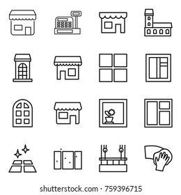 Thin line icon set : shop, cashbox, mansion, building, window, arch, flower in, clean floor, skysrcapers cleaning, wiping