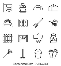 Thin line icon set : shop signboard, flower, greenhouse, bed, fence, fork, wheelbarrow, farm, sow, fertilizer, rake, bucket, gloves