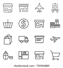 Thin line icon set : shop, plane, presentation, basket, dollar coin, store, shopping bag, delivery, atm receipt, port, consolidated cargo, cart