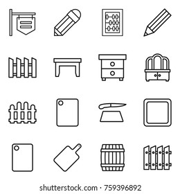 Thin line icon set : shop signboard, pencil, abacus, fence, table, nightstand, dresser, cutting board, barrel