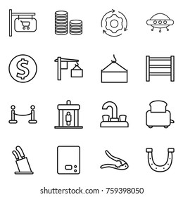 Thin line icon set : shop signboard, coin stack, around gear, ufo, dollar, loading, crane, rack, vip fence, detector, water tap, toaster, stands for knives, kitchen scales, walnut crack, horseshoe