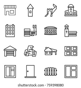 Thin line icon set : shop, tower, greate wall, mansion, building, mall, airport, church, garage, modern architecture, house with, panel, window, door, fence