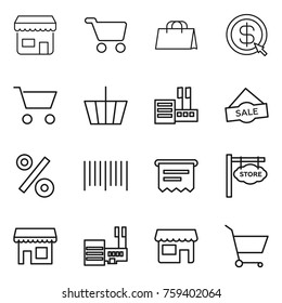 Thin line icon set : shop, cart, shopping bag, dollar arrow, basket, store, sale, percent, bar code, atm receipt, signboard, mall