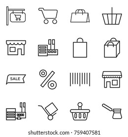 Thin line icon set : shop signboard, cart, shopping bag, basket, store, sale, percent, bar code, mall, trolley, turk