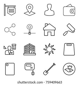 Thin line icon set : shop signboard, pointer, man, wallet, molecule, laser, home, repair, architector, office, sun, cutting board, mixer, shovel, ecology