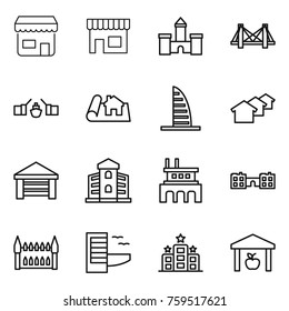 Thin line icon set : shop, castle, bridge, drawbridge, project, skyscraper, houses, garage, building, factory, school, gothic architecture, hotel, warehouse