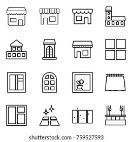 Thin line icon set : shop, mansion, cottage, building, window, arch, flower in, curtain, clean floor, skysrcapers cleaning