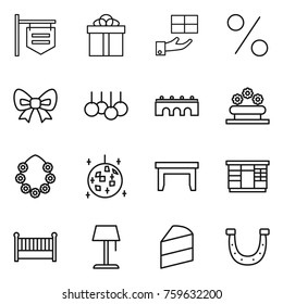 Thin line icon set : shop signboard, gift, percent, bow, sale, bridge, flower bed, hawaiian wreath, disco ball, table, wardrobe, crib, floor lamp, cake, horseshoe