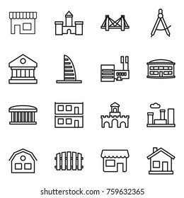 Thin line icon set : shop, castle, bridge, draw compass, library, skyscraper, mall, airport building, modular house, fort, city, fence, home