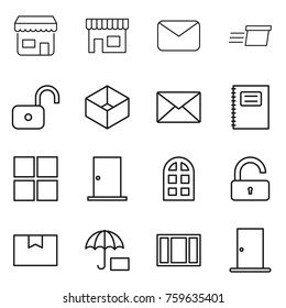 Thin line icon set : shop, mail, delivery, unlock, box, copybook, window, door, arch, package, insurance