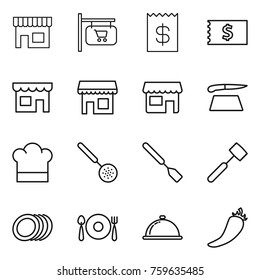 Thin line icon set : shop, signboard, receipt, cutting board, cook hat, skimmer, spatula, meat hammer, plates, fork spoon plate, meal cap, hot pepper