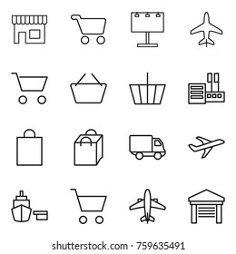 Thin line icon set : shop, cart, billboard, plane, basket, store, shopping bag, delivery, port, airplane, garage