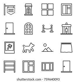 Thin line icon set : shop signboard, building, window, door, arch, vip fence, detector, photo, dog, landscape, curtain, rack