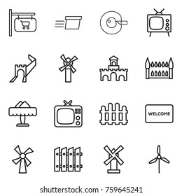 Thin line icon set : shop signboard, delivery, cell corection, tv, greate wall, windmill, fort, gothic architecture, restaurant, fence, welcome mat