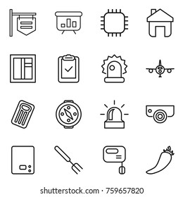Thin line icon set : shop signboard, presentation, chip, home, window, clipboard check, alarm, plane, inflatable mattress, compass, surveillance camera, kitchen scales, big fork, mixer, hot pepper
