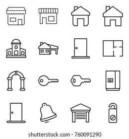 Thin line icon set : shop, home, mansion, house with garage, door, plan, arch, key, fridge, bell, do not distrub