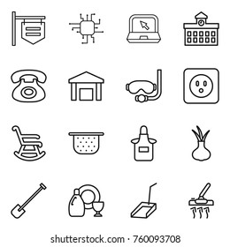 Thin line icon set : shop signboard, chip, notebook, university, phone, warehouse, diving mask, power socket, rocking chair, colander, apron, onion, shovel, dish cleanser, scoop, vacuum cleaner
