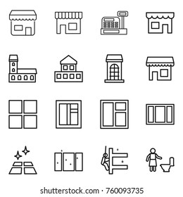 Thin line icon set : shop, cashbox, mansion, cottage, building, window, clean floor, skyscrapers cleaning, toilet