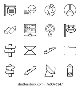 Thin line icon set : shop signboard, diagram, circle, up down arrow, server, antenna, store, singlepost, mail, stairs, documents, signpost, satellite, do not distrub