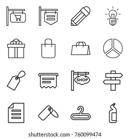 Thin line icon set : shop signboard, pencil, bulb, gift, shopping bag, diagram, label, atm receipt, singlepost, document, hanger, toilet cleanser