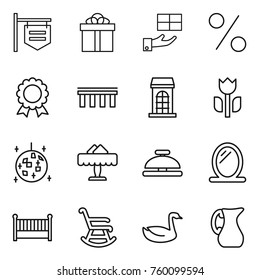 Thin line icon set : shop signboard, gift, percent, medal, bridge, building, perishable, disco ball, restaurant, service bell, mirror, crib, rocking chair, goose, jug