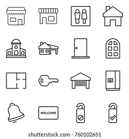 Thin line icon set : shop, wc, home, mansion, house with garage, door, arch window, plan, key, fridge, bell, welcome mat, do not distrub, please clean