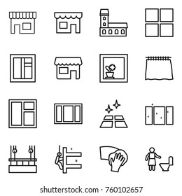Thin line icon set : shop, mansion, window, flower in, curtain, clean floor, skysrcapers cleaning, skyscrapers, wiping, toilet