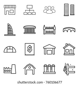 Thin line icon set : shop, hierarchy, group, skyscrapers, skyscraper, airport building, gothic architecture, bridge, greenhouse, tax, warehouse, home, factory, barn, grain elevator, cleaning