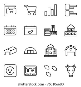 Thin line icon set : shop signboard, cart, graph, diagram, calendar, store, cottage, warehouse, hangare, building, barn, power socket, tv, seeds, cow