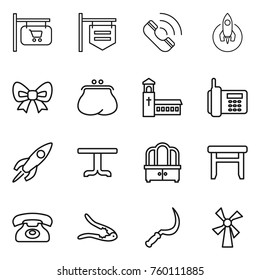 Thin line icon set : shop signboard, call, rocket, bow, purse, church, phone, table, dresser, stool, walnut crack, sickle, windmill