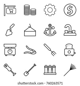 Thin line icon set : shop signboard, coin stack, gear, dollar, construction, loading crane, anchor, water tap, kitchen scales, walnut crack, big fork, toaster, blender, shovel, grain elevator, rake