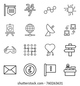 Thin line icon set : shop signboard, 24 7, graph, chip, presentation, globe connect, satellite antenna, notebook, smart glasses, cardio, singlepost, mail, info, important flag, reception