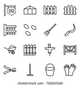 Thin line icon set : shop signboard, greenhouse, fence, watering, seeds, fork, sickle, wheelbarrow, scarecrow, farm, pruner, rake, bucket, gloves