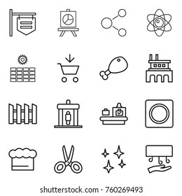 Thin line icon set : shop signboard, presentation, molecule, atom, sun power, add to cart, chicken leg, factory, fence, detector, baggage checking, ring button, chief hat, scissors, shining
