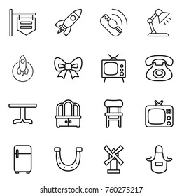 Thin line icon set : shop signboard, rocket, call, table lamp, bow, tv, phone, dresser, chair, fridge, horseshoe, windmill, apron