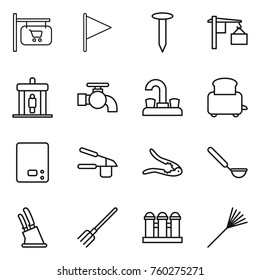 Thin line icon set : shop signboard, flag, nail, loading, detector, water tap, toaster, kitchen scales, garlic clasp, walnut crack, ladle, knife holder, fork, grain elevator, rake