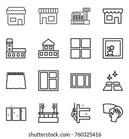 Thin line icon set : shop, cashbox, mansion, cottage, window, flower in, curtain, clean floor, skysrcapers cleaning, skyscrapers, wiping
