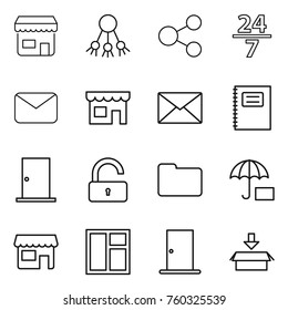 Thin line icon set : shop, share, 24 7, mail, copybook, door, unlock, documents, window, package