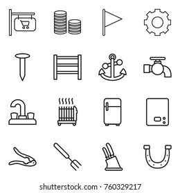Thin line icon set : shop signboard, coin stack, flag, gear, nail, rack, anchor, water tap, radiator, fridge, kitchen scales, walnut crack, big fork, knife holder, horseshoe